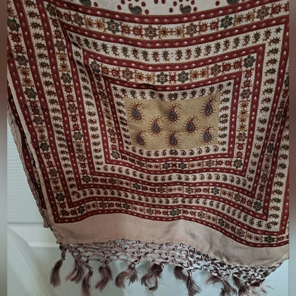 Printed Silk Scarf With A Floral Border & Fringe